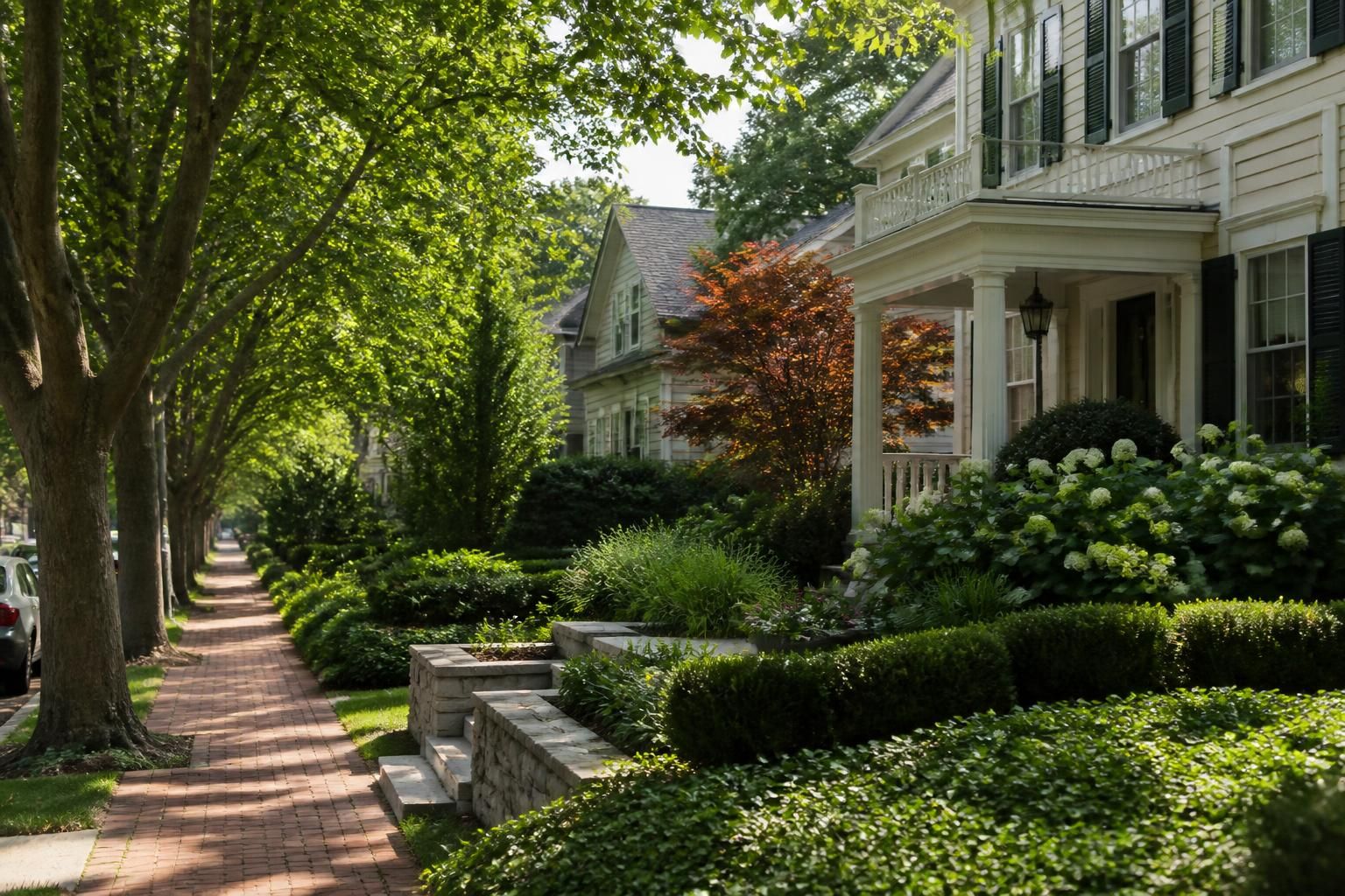 Leafy neighborhood with elegant homes and refined gardens.