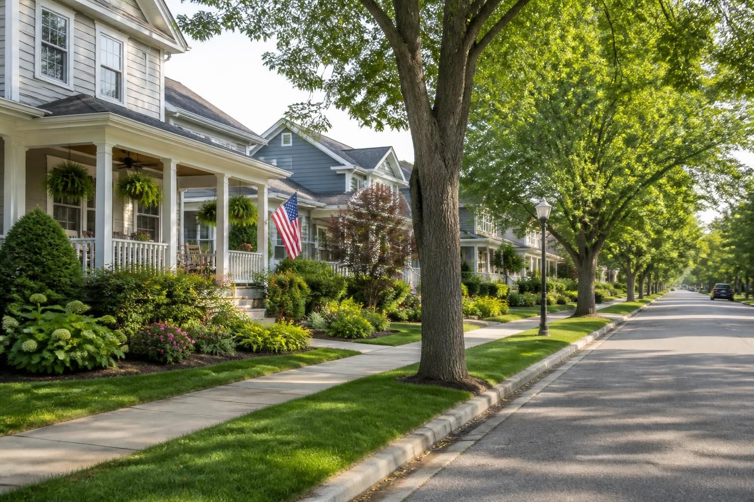 Residential street with manicured lawns and mature trees.