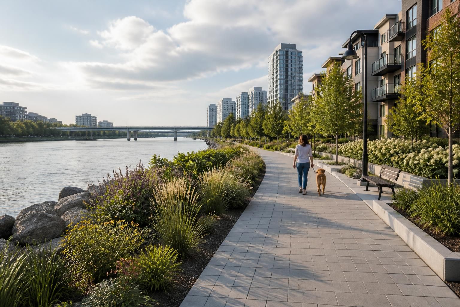 Riverside neighborhood with landscaped walkways and green verge plantings.