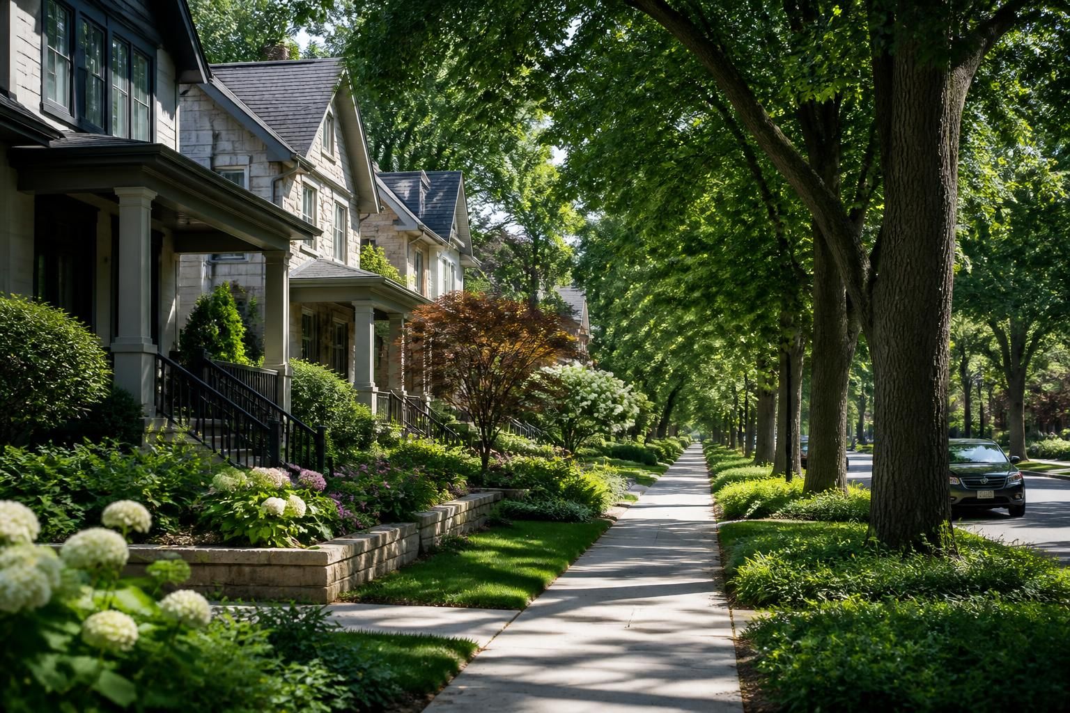 Tree-lined residential street with well-kept gardens and refined homes.