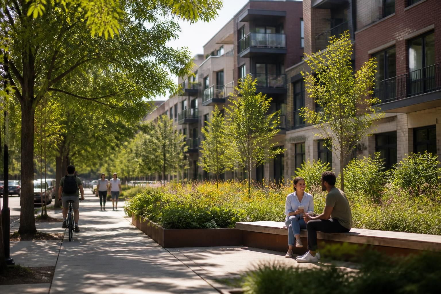 Inner-city neighborhood with apartments, trees, and landscaped spaces.