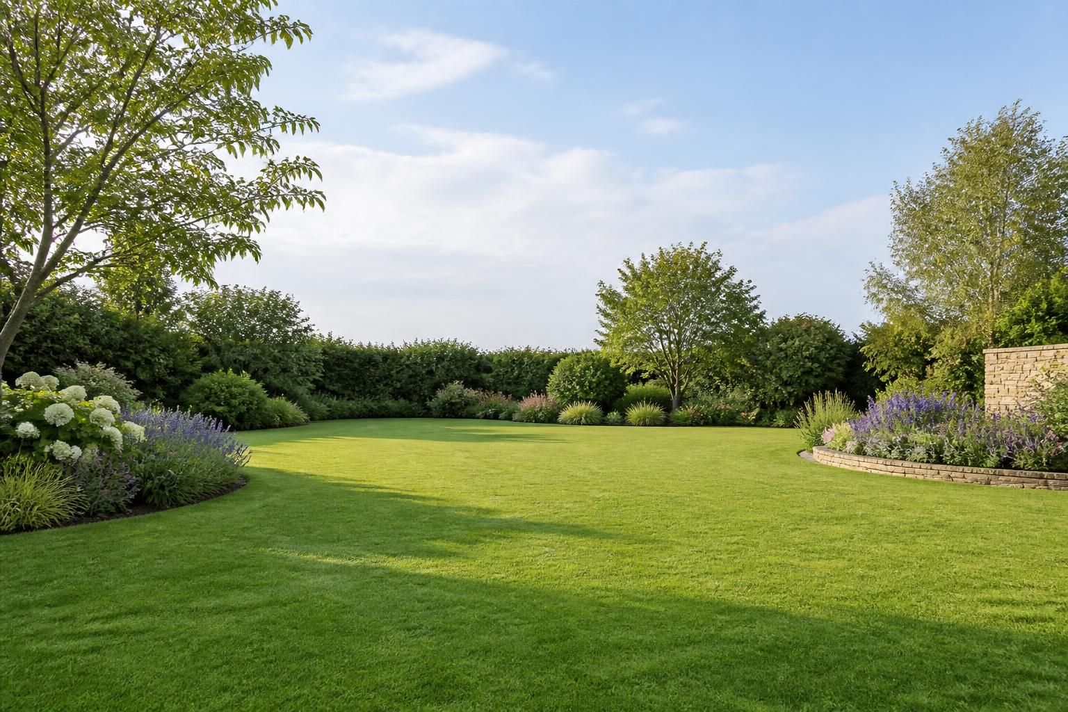 Open garden landscape with lawn space and balanced planting.
