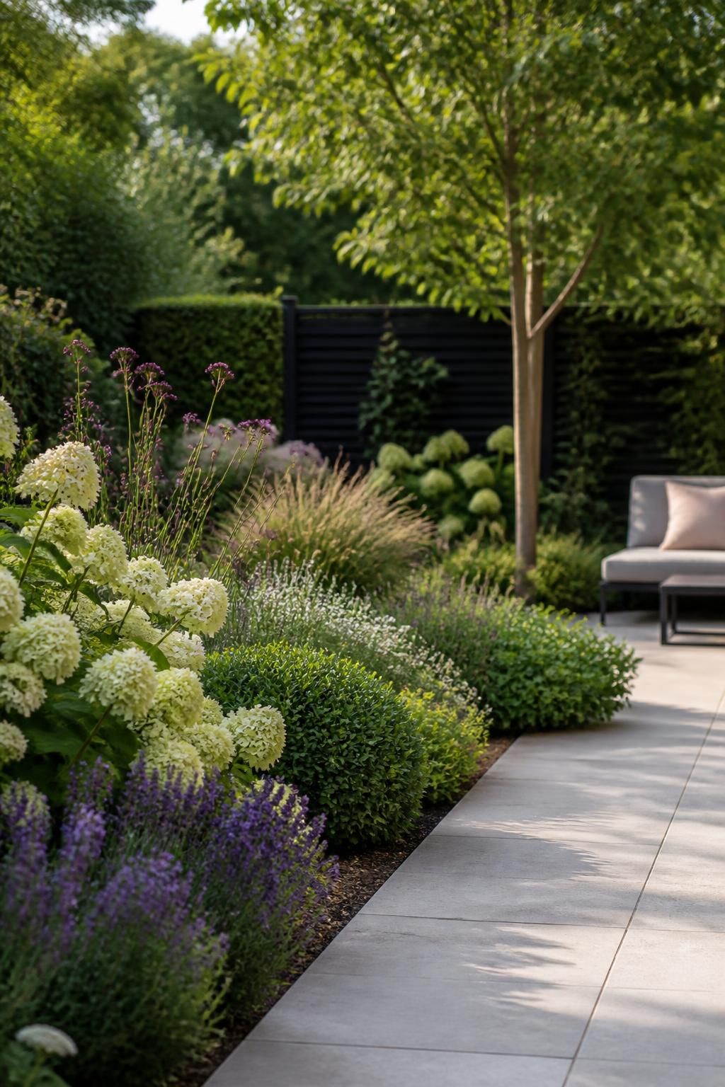 Modern garden with shrubs, flower beds, and a clean paved border.