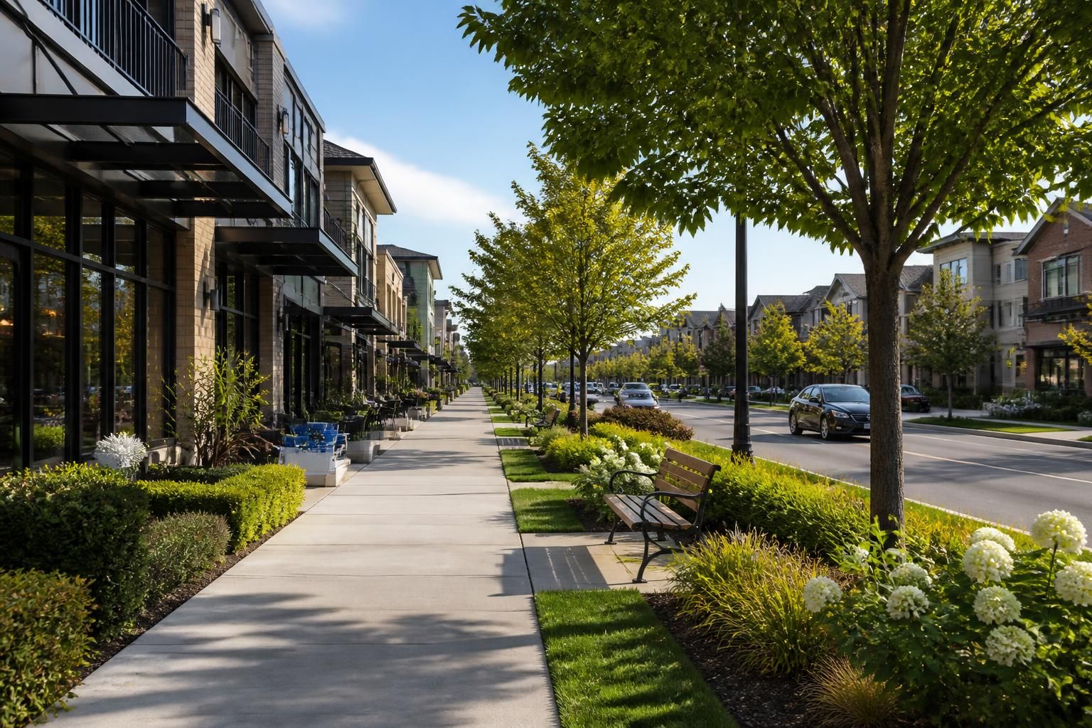Streetscape with neat verges, trees, and maintained green spaces.