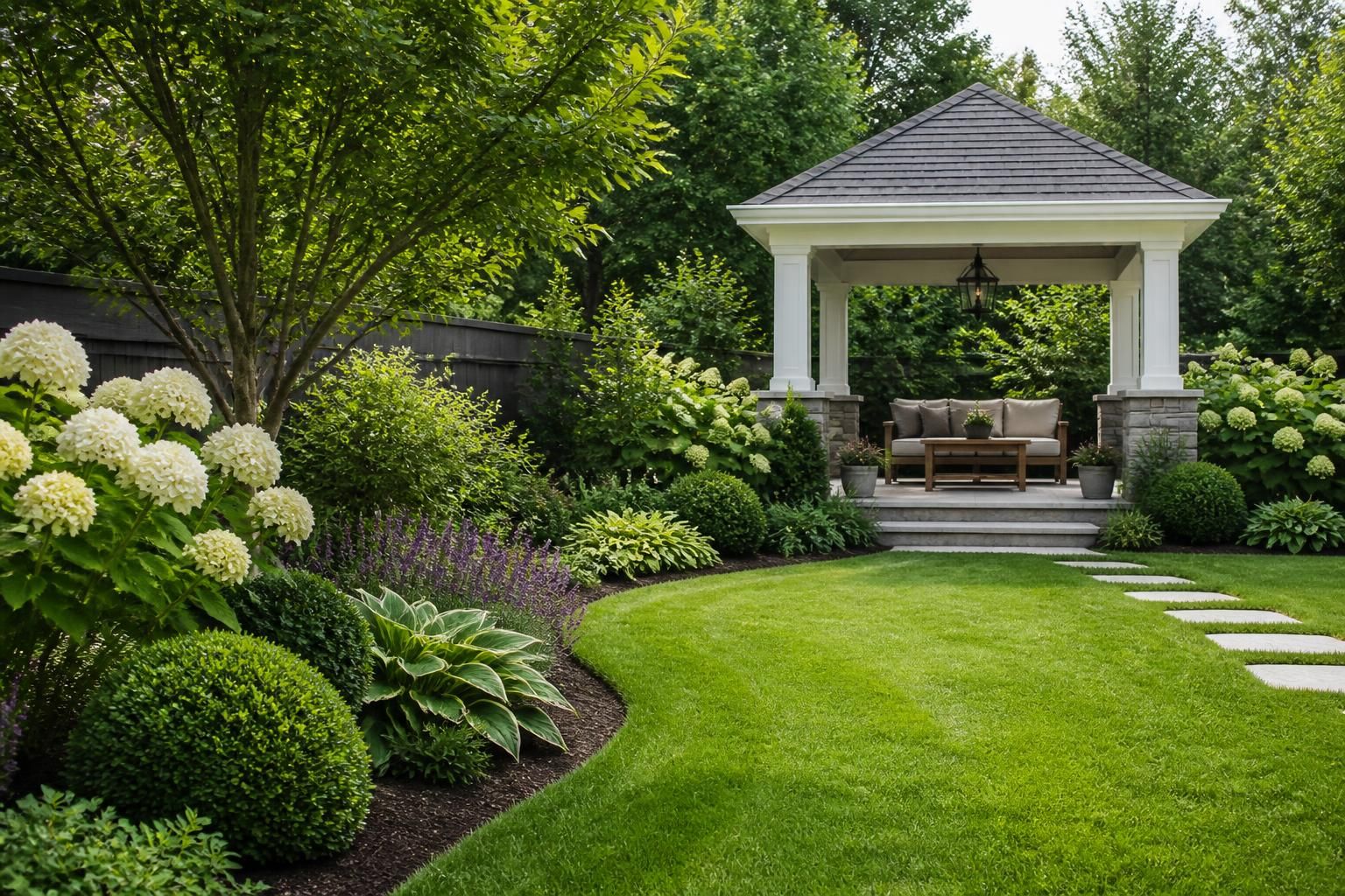 Complete landscaped yard with lawn and layered greenery.