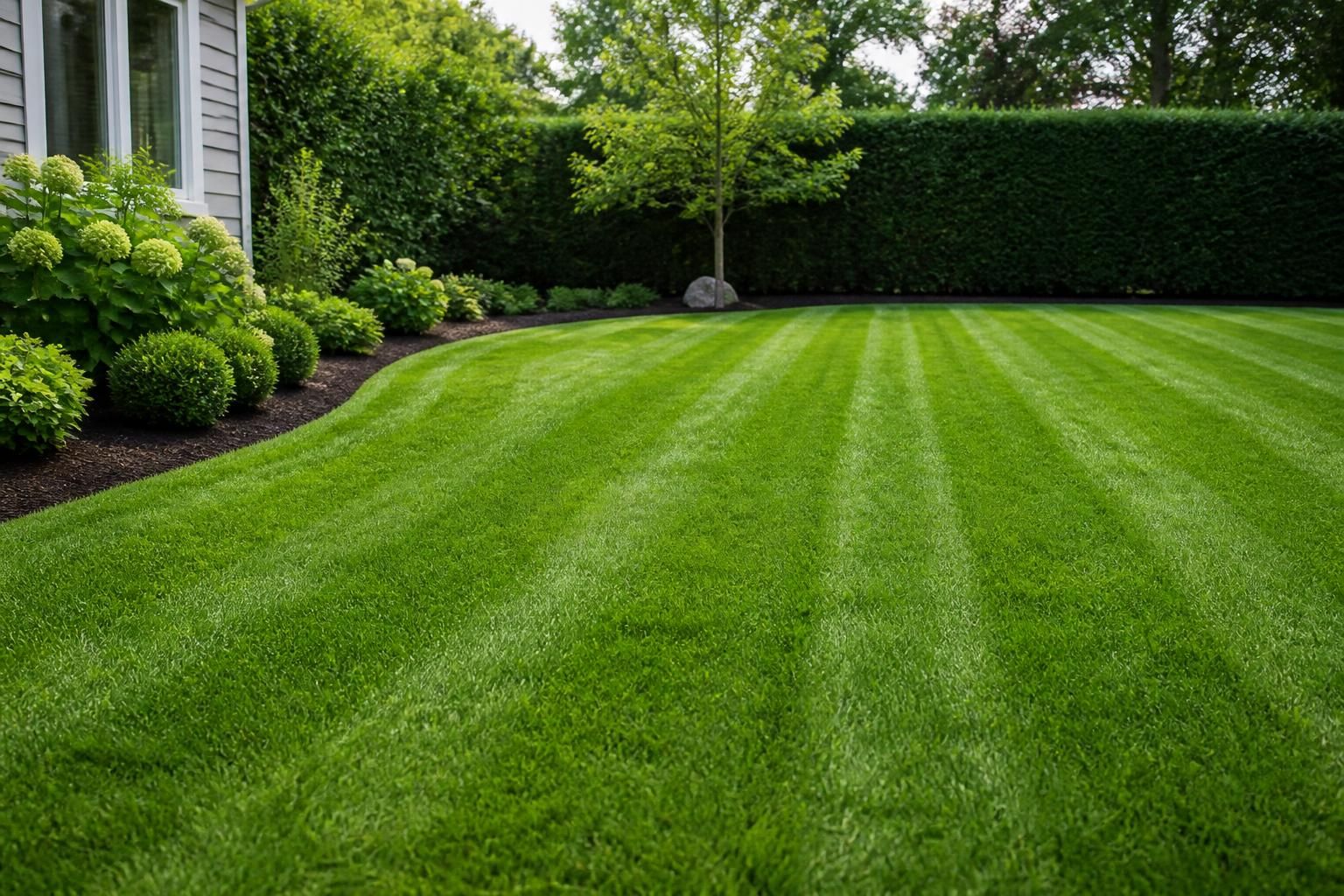 Healthy maintained lawn with even mowing lines and neat borders.