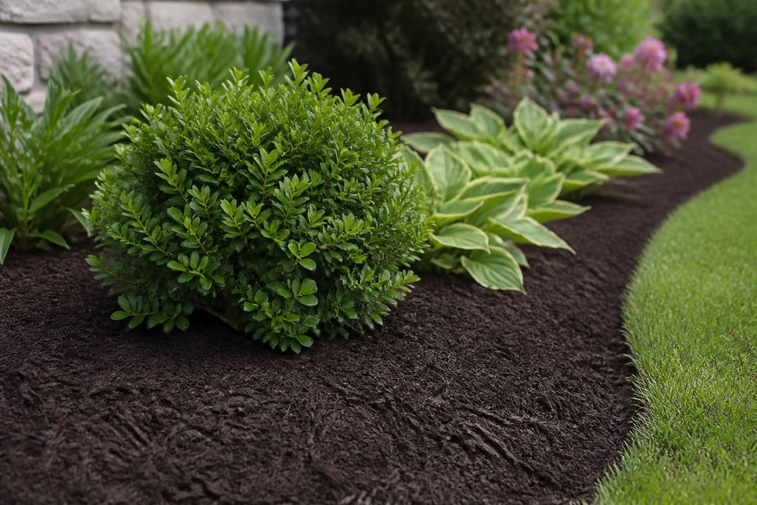 Fresh mulch around healthy plants in a finished bed.