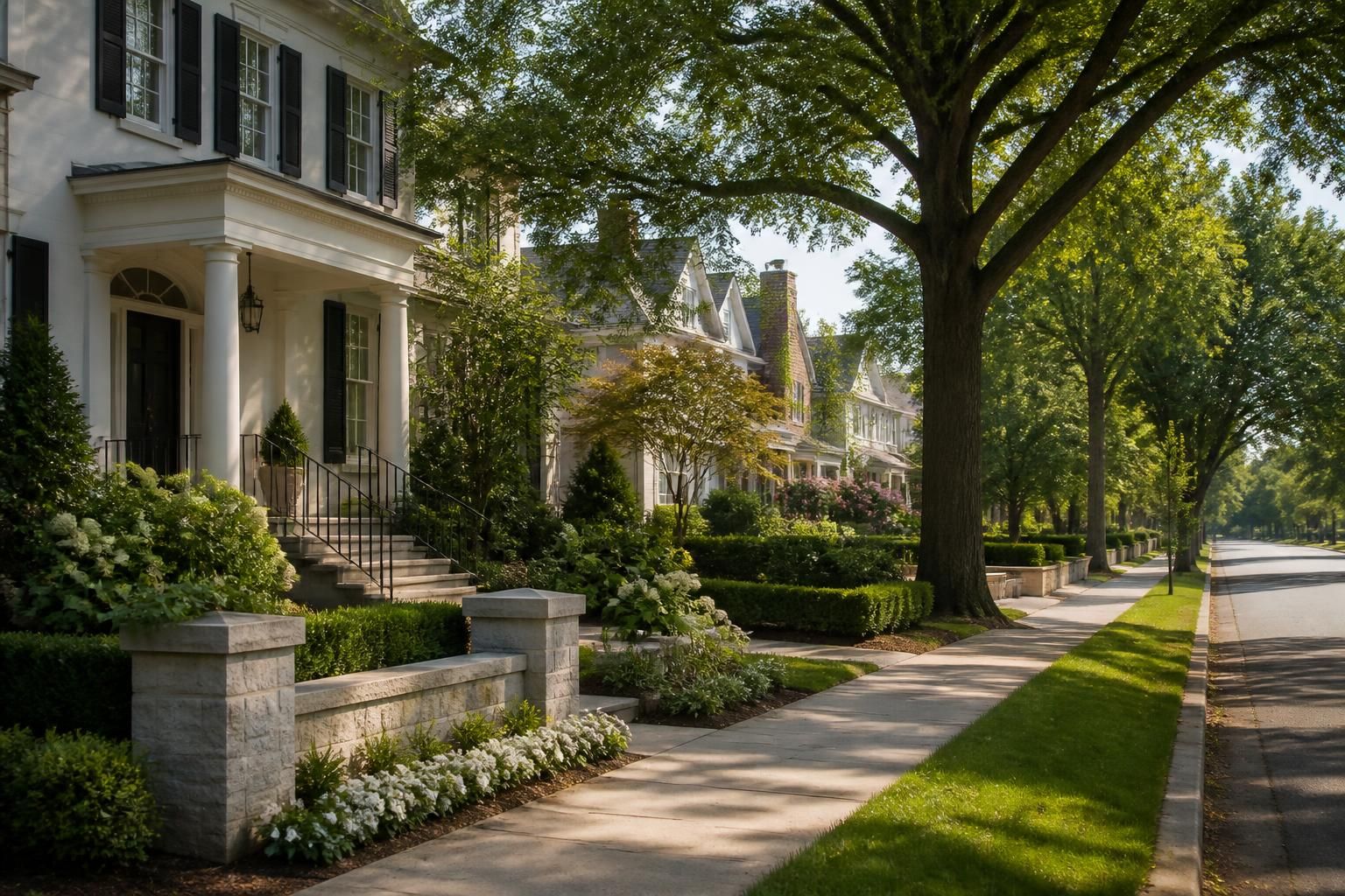 Upscale street with mature trees and manicured lawns.