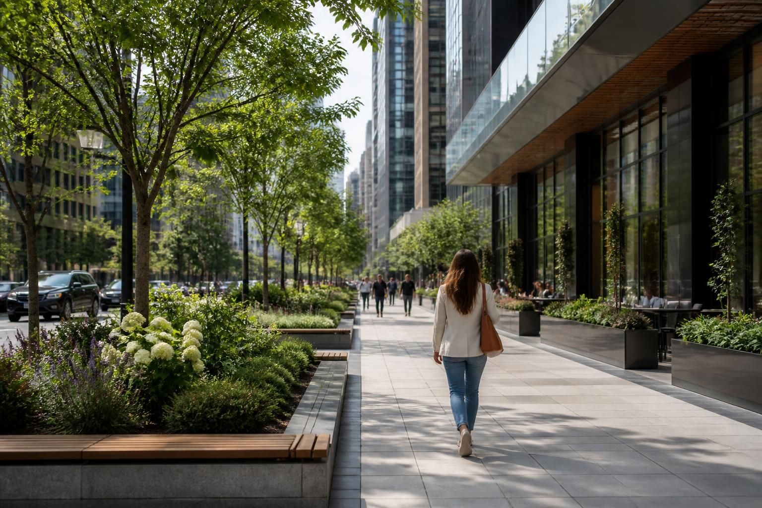 City streetscape with modern buildings and well-kept landscaping.
