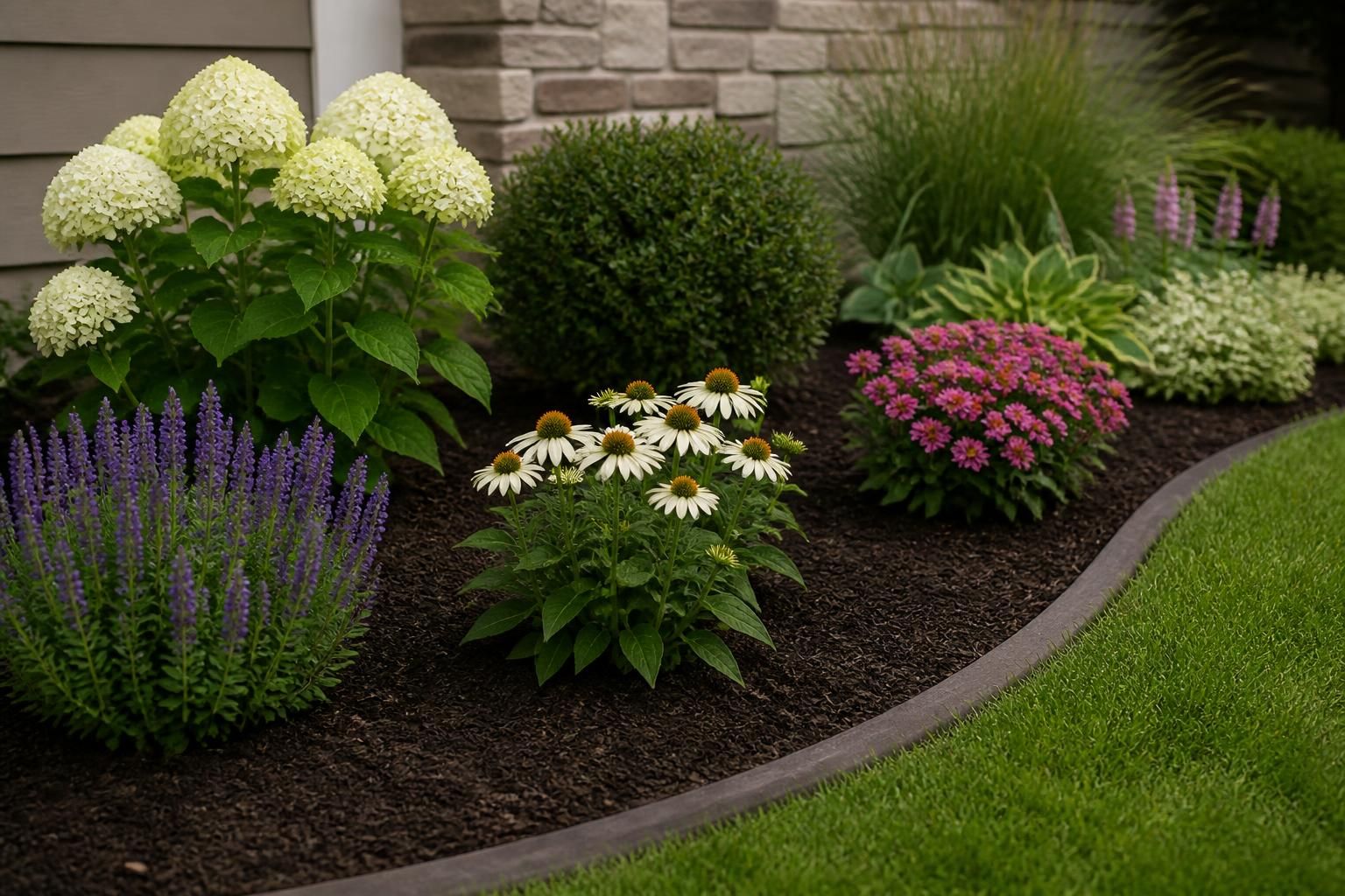 Newly planted shrubs and flowers in a finished garden bed.