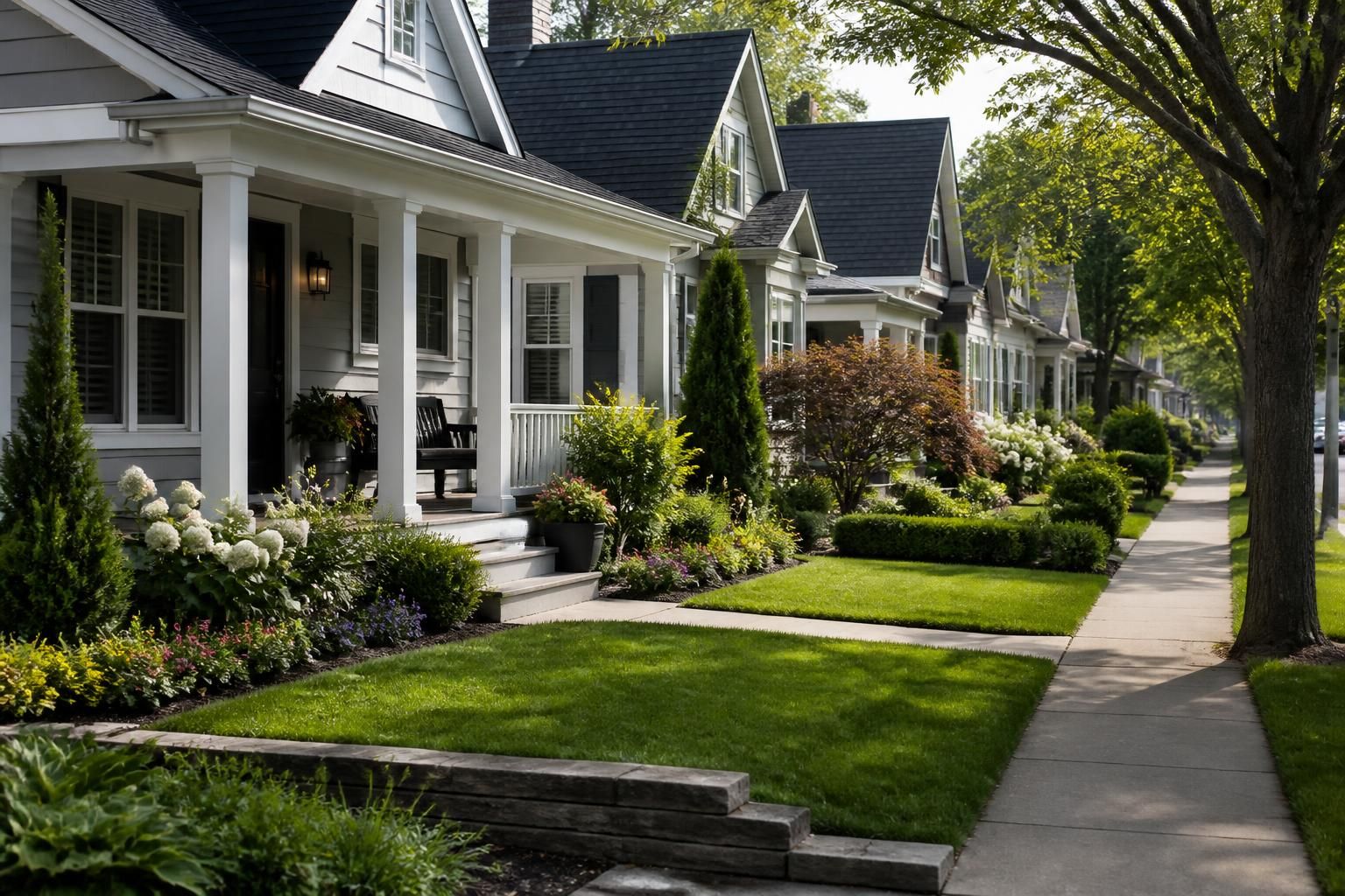 Residential homes with small lawns and maintained garden borders.