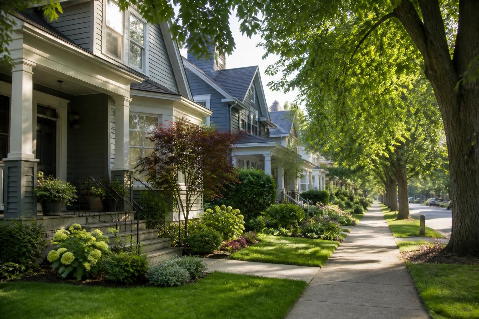 Quiet neighborhood street with tidy homes and leafy front gardens.