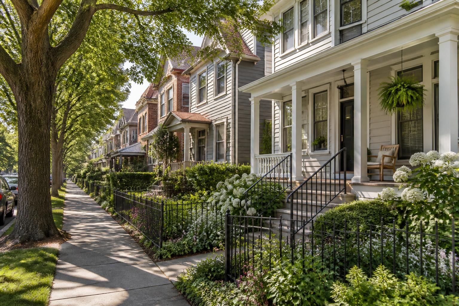 Urban village street with leafy sidewalks and tidy gardens.